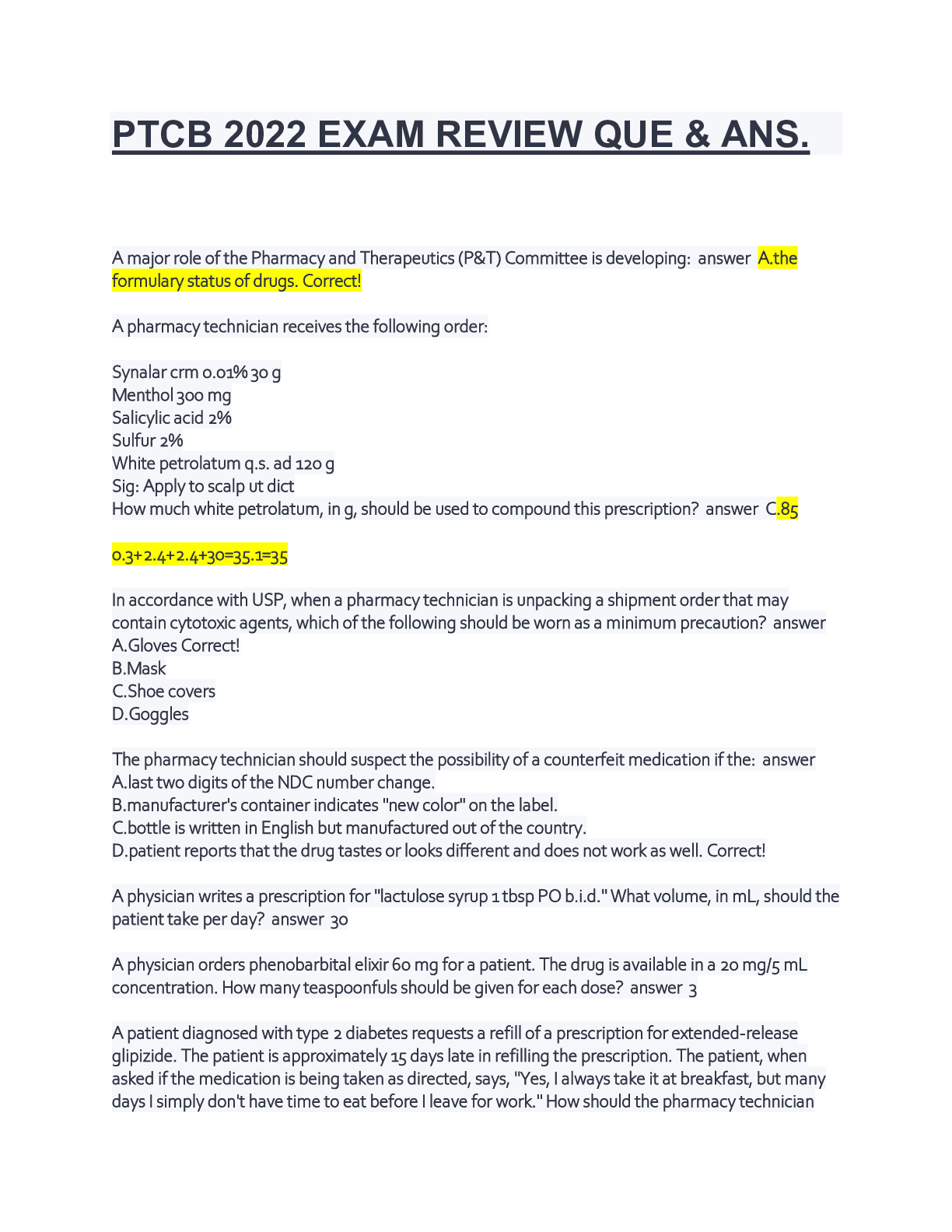 Preview image for PTCB 2022 EXAM REVIEW QUE & ANS.